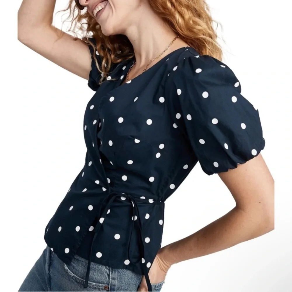 Old Navy Navy White Dots Waist Defined Puff Short Sleeve Tie-Wrap Blouse